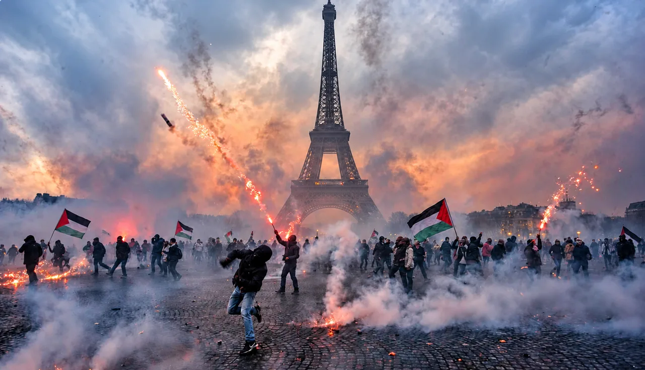 Illustrative protest scene near the Eiffel Tower; date not independently confirmed