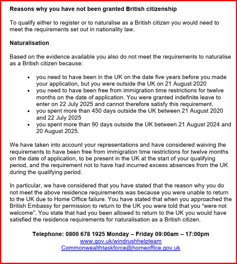 Excerpt from a Home Office citizenship refusal letter citing residence requirements