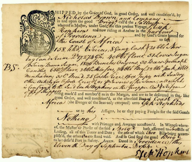 Original Sally bill of lading naming Nicholas Brown and Company, Esek Hopkins and a voyage from Providence to the coast of Africa in September 1764.