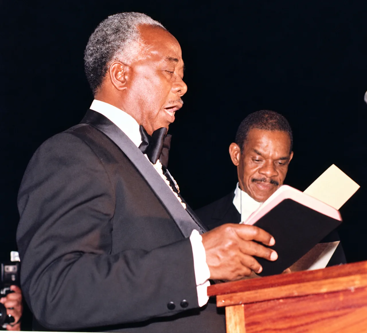 Digitally enhanced reconstruction of Robert Milton Cato taking the oath at the 1979 Saint Vincent and the Grenadines independence ceremony.
