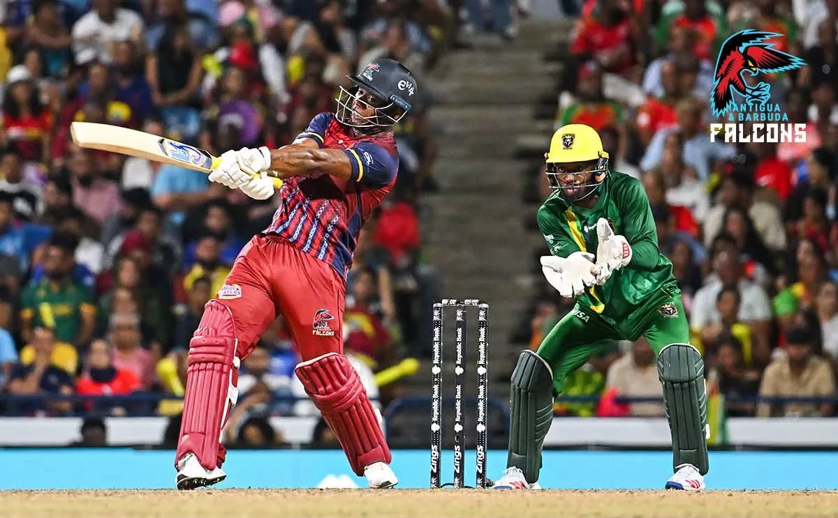 An Antigua and Barbuda Falcons batter during a cricket match
