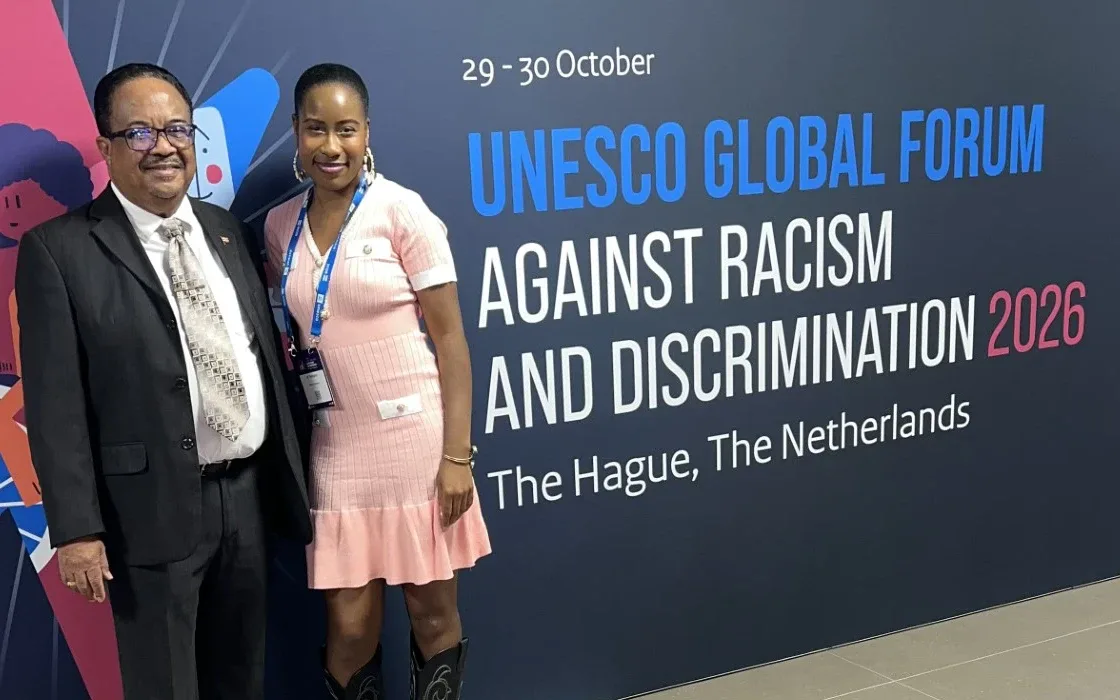 UK barrister ìfé Thompson and Suriname's vice-president Gregory Rusland in front of the UNESCO Global Forum against Racism and Discrimination 2026 backdrop at the World Forum in The Hague